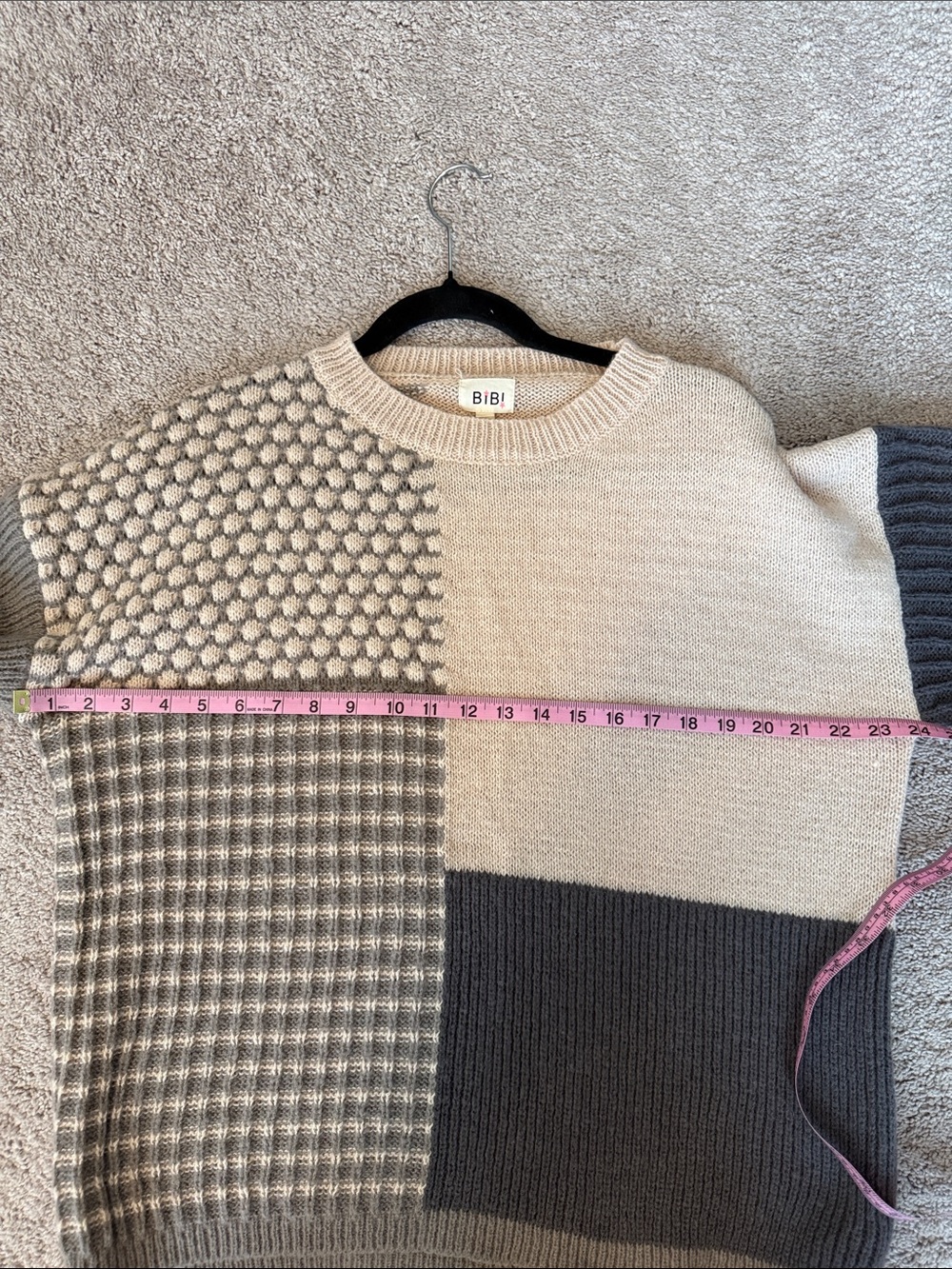 BiBi Patchwork Knit Sweater in Cream and Charcoal colors. - Picture 11 of 13